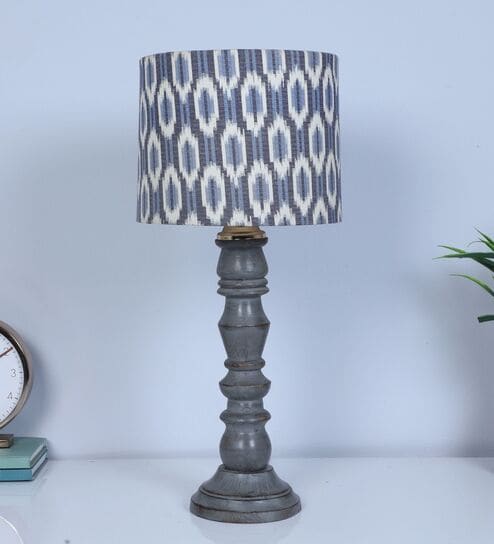 Rustic Grey Mangowood Table Lamp With Ikkat Print Satin Shade