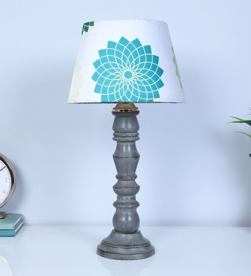 Rustic Grey Mangowood Table Lamp With Dahlia Floral Print Satin Shade
