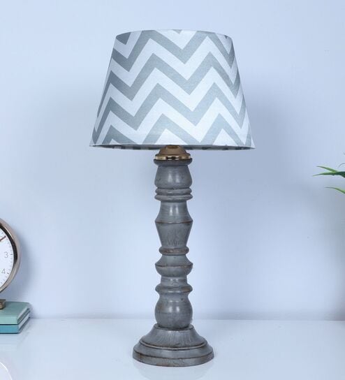 Rustic Grey Mangowood Table Lamp With Maze Print Satin Shade