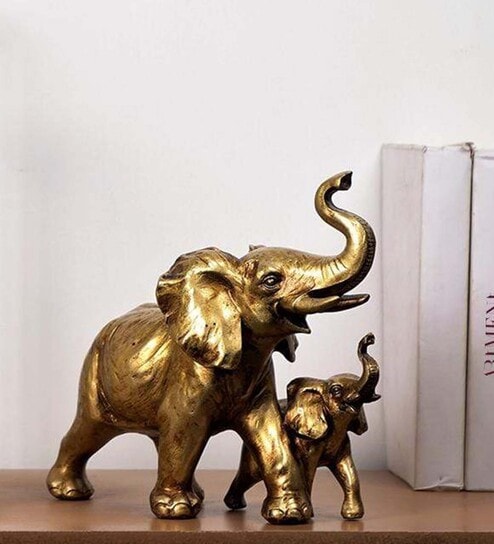 Rustic Golden Mom and Baby Elephant Resin Figurines