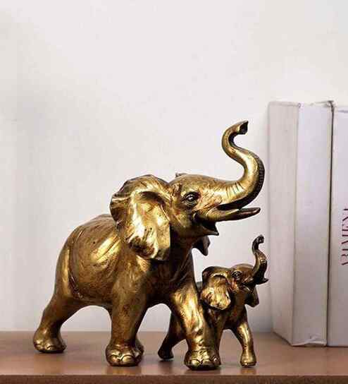 Rustic Golden Mom and Baby Elephant Resin Figurines