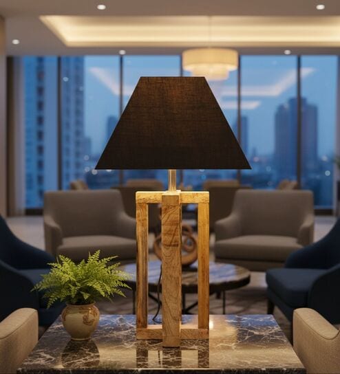 Rustic Natural Wood Table Lamp with Square Black Fabric Shade