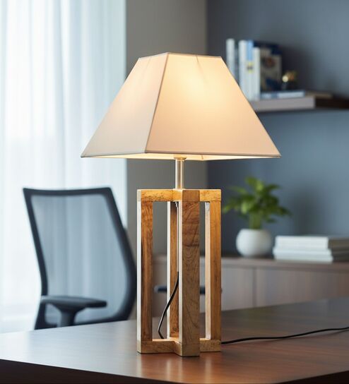 Rustic Natural Wood Table Lamp with Square White Fabric Shade