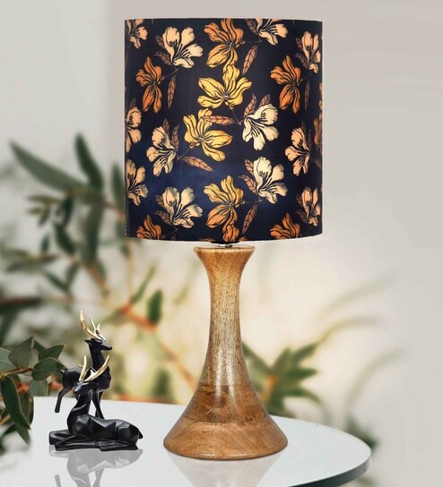 Rustic Sandbox Table Lamp Bedside Wooden Desk Lamps, Fabric Shade, Iris Black