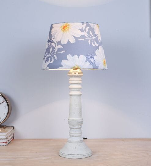 Rustic White Mangowood Table Lamp With Narcissue Floral Print Satin Shade