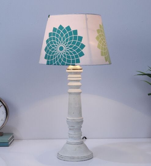 Rustic White Mangowood Table Lamp With Dahlia Floral Print Satin Shade