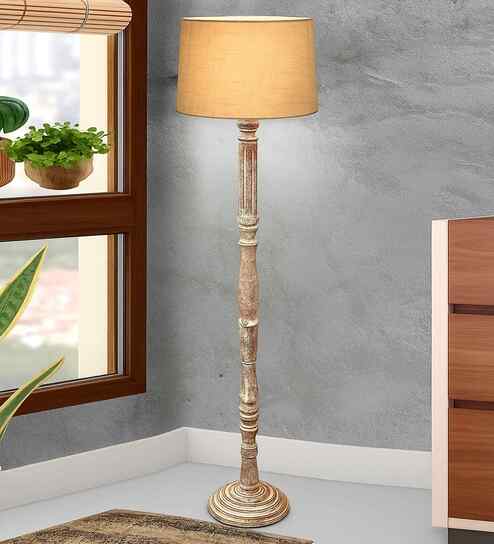 Rustic Wood Floor Lamp, Walnut Brown with Multicolor Fabric Shade, Roman Voyage, Jute