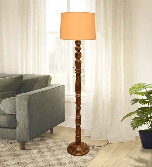 Rustic Wood Floor Lamp, Walnut Brown with Multicolor Fabric Shade, Candlestick, Yellow