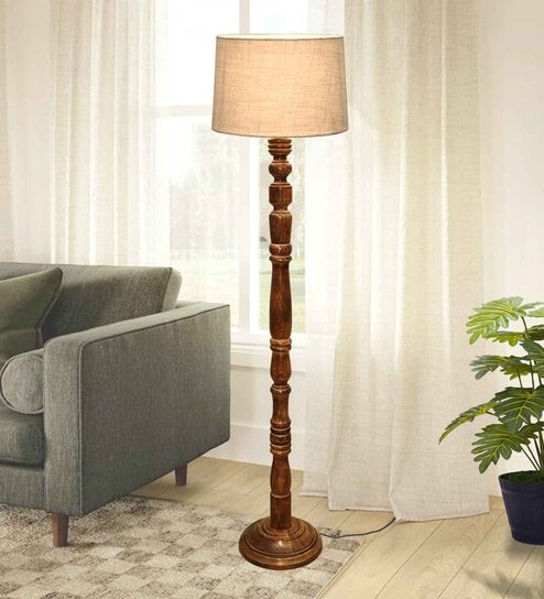 Rustic Wood Floor Lamp, Walnut Brown with Multicolor Fabric Shade, Off-White