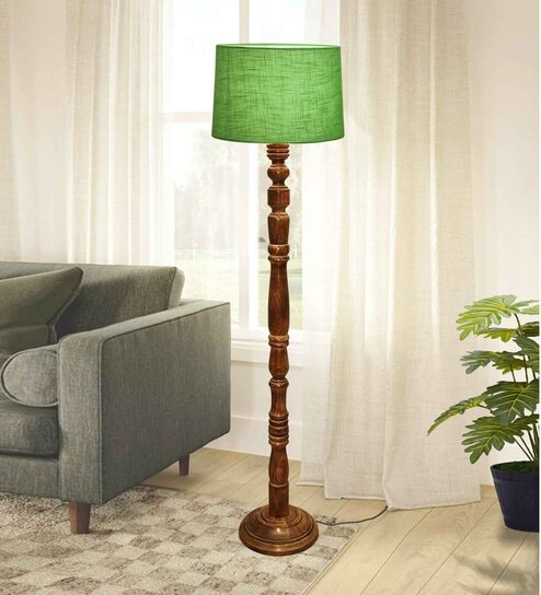 Rustic Wood Floor Lamp, Walnut Brown with Multicolor Fabric Shade, Green