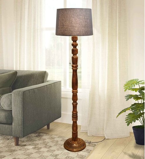 Rustic Wood Floor Lamp, Walnut Brown with Multicolor Fabric Shade, Grey