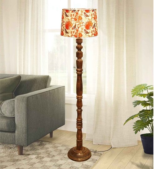 Rustic Wood Floor Lamp, Walnut Brown with Multicolor Fabric Shade, Bird