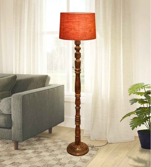 Rustic Wood Floor Lamp, Walnut Brown with Multicolor Fabric Shade, Candlestick, Red