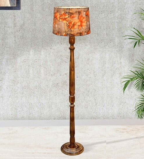 Rustic Wood Floor Lamp in Walnut Brown with Multicolor Fabric Shade, Hurricane Design, Floreto Meadow