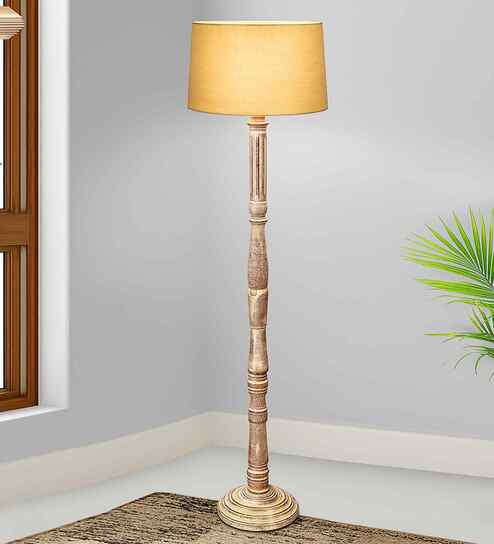 Rustic Wood Floor Lamp in Walnut Brown with Multicolor Fabric Lamp Shade