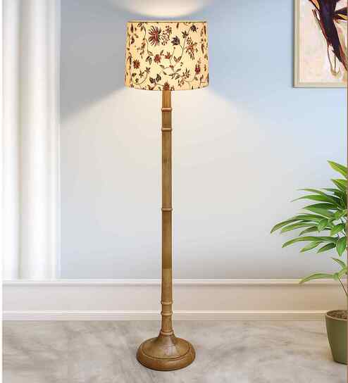 Rustic Wood Floor Lamp in Walnut Brown with Multicolor Fabric Shade, Dome Base, Vine and Flower Shade