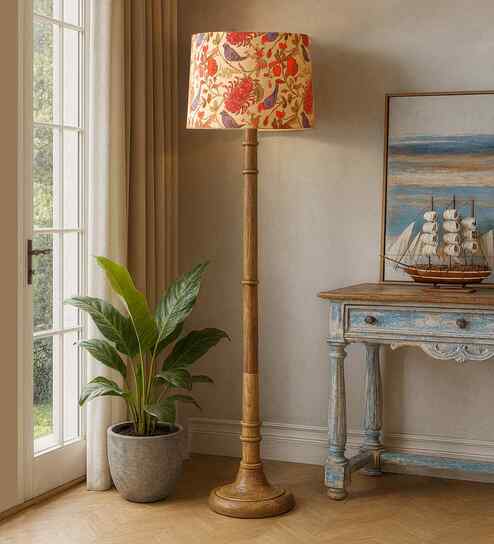 Rustic Wood Floor Lamp in Walnut Brown with Multicolor Fabric Shade Dome Base, Bird Shade