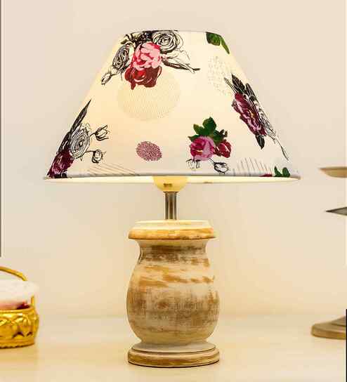 Rustic Wooden Coolie Pot Table Lamp, Rose Shade