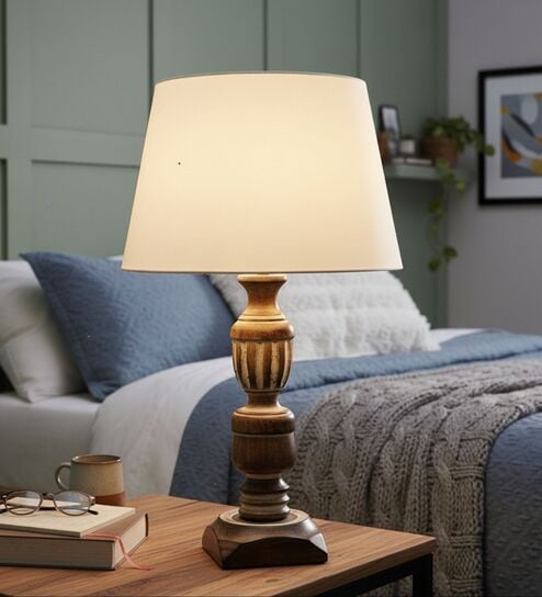 Rustic Wooden Table Lamp  with Cream Fabric Shade | Modern Farmhouse Bedside Lamp for Living Room, Bedroom & Home D cor
