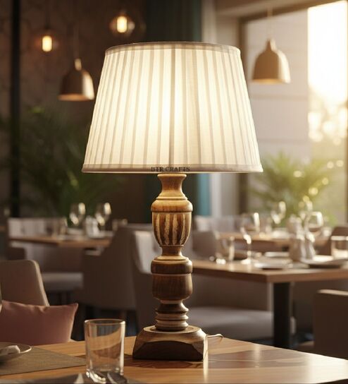 Rustic Wooden Table Lamp  with Pleated White Fabric Shade | Modern Farmhouse Bedside Lamp for Living Room, Bedroom & Home D cor