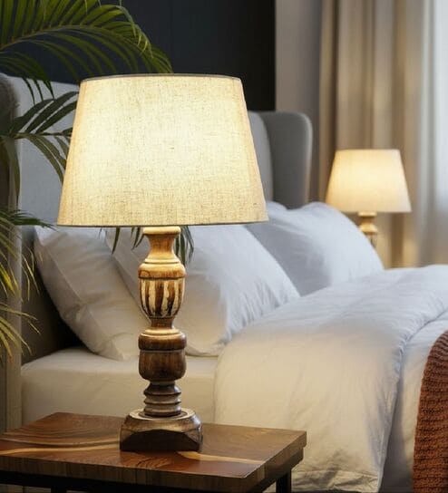 Rustic Wooden Table Lamp  with Premium Jute Fabric Shade | Modern Farmhouse Bedside Lamp for Living Room, Bedroom & Home D cor