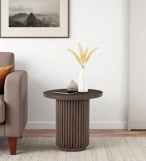 Rutherford Modern Fluted Pedestal Side Table in Dark Wood Finish in Walnut Brown Colour