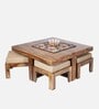 Russell Sheesham Wood Nesting Coffee Table Set in Teak Finish with 4 stools
