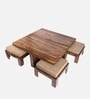 Russell Sheesham Wood Nesting Coffee Table Set in Teak Finish with 4 stools