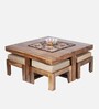 Russell Sheesham Wood Nesting Coffee Table Set in Teak Finish with 4 stools