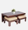 Russell Sheesham Wood Nesting Coffee Table Set in Walnut Finish with 2 stools