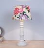 Rustic White Mangowood Table Lamp With Carnation Print Satin Shade