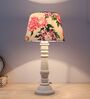 Rustic White Mangowood Table Lamp With Carnation Print Satin Shade