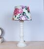 Rustic White Mangowood Table Lamp With Carnation Print Satin Shade