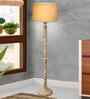 Rustic Wood Floor Lamp, Walnut Brown with Multicolor Fabric Shade, Roman Voyage, Jute