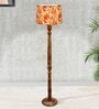 Rustic Wood Floor Lamp in Walnut Brown with Multicolor Fabric Lamp Shade