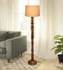 Rustic Wood Floor Lamp, Walnut Brown with Multicolor Fabric Shade, Jute
