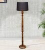 Rustic Wood Floor Lamp in Walnut Brown with Multicolor Fabric Shade, Hurricane, Grey Shade