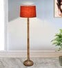 Rustic Wood Floor Lamp in Walnut Brown with Multicolor Fabric Shade, Dome Base, Red Shade