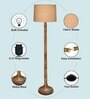 Rustic Wood Floor Lamp in Walnut Brown with Multicolor Fabric Shade, Dome Base, Jute