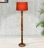 Rustic Wood Floor Lamp in Walnut Brown with Multicolor Fabric Shade, Hurricane Design, Red