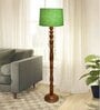 Rustic Wood Floor Lamp, Walnut Brown with Multicolor Fabric Shade, Green