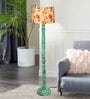 Rustic Wood Floor Lamp, Walnut Brown with Multicolor Fabric Shade, Algae Stick, Bird