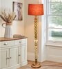 Rustic Wood Floor Lamp, Walnut Brown with Multicolor Fabric Shade, Twisted Ropes, Red
