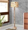 Rustic Wood Floor Lamp, Walnut Brown with Multicolor Fabric Shade, Roman Voyage, Vine and Flowers