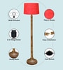 Rustic Wood Floor Lamp in Walnut Brown with Multicolor Fabric Shade, Dome Base, Red Shade