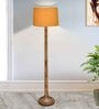 Rustic Wood Floor Lamp in Walnut Brown with Multicolor Fabric Shade, Dome Base, Yellow Shade