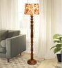 Rustic Wood Floor Lamp, Walnut Brown with Multicolor Fabric Shade, Bird