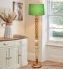 Rustic Wood Floor Lamp, Walnut Brown with Multicolor Fabric Shade, Twisted Ropes, Green