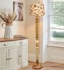 Rustic Wood Floor Lamp, Walnut Brown with Multicolor Fabric Shade, Twisted Ropes, Vine and Flowers
