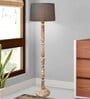 Rustic Wood Floor Lamp in Walnut Brown with Multicolor Fabric Shade, Grey